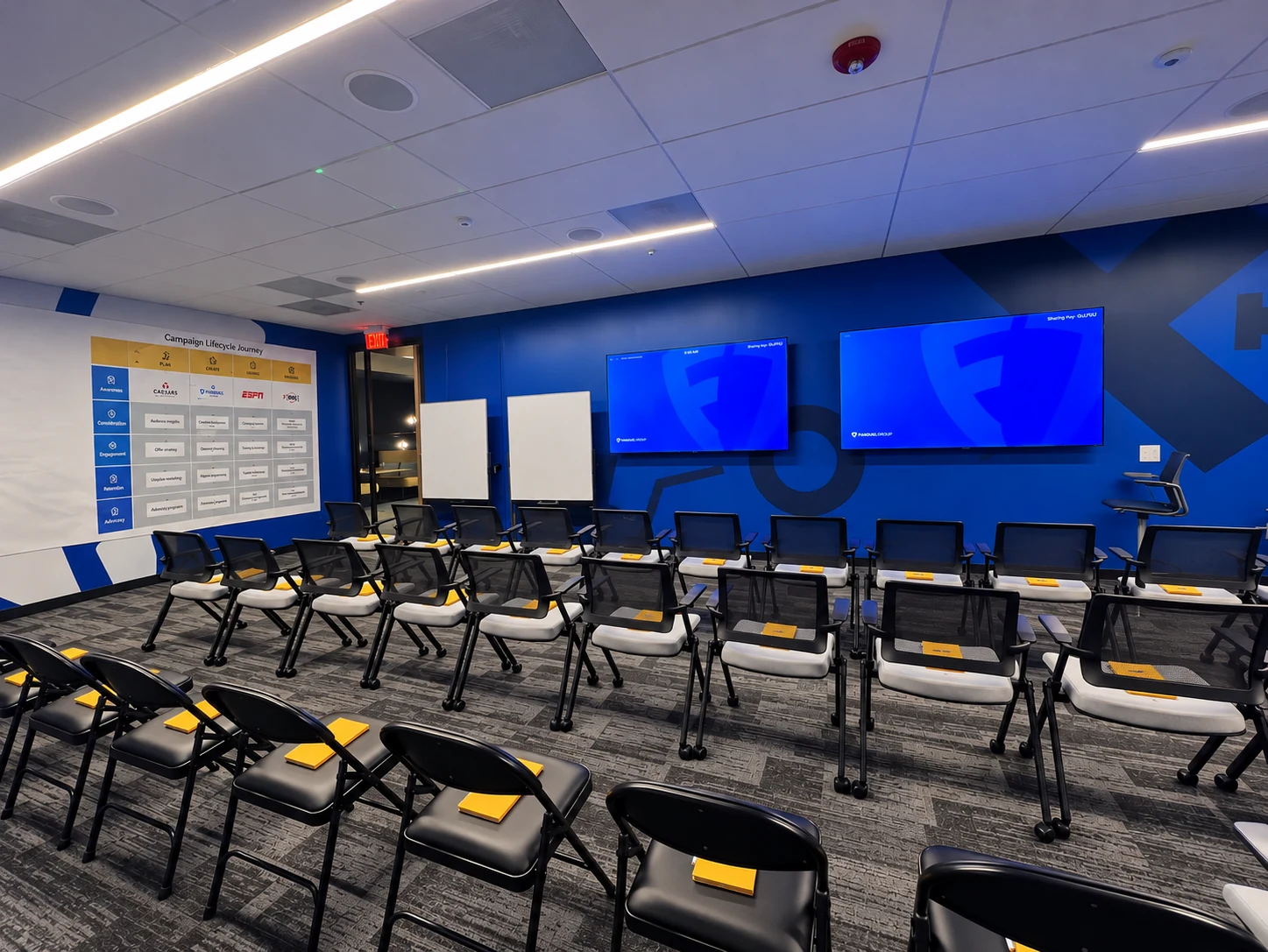 FanDuel Atlanta product team offsite workshop room with blue branded screens, seating and workshop materials